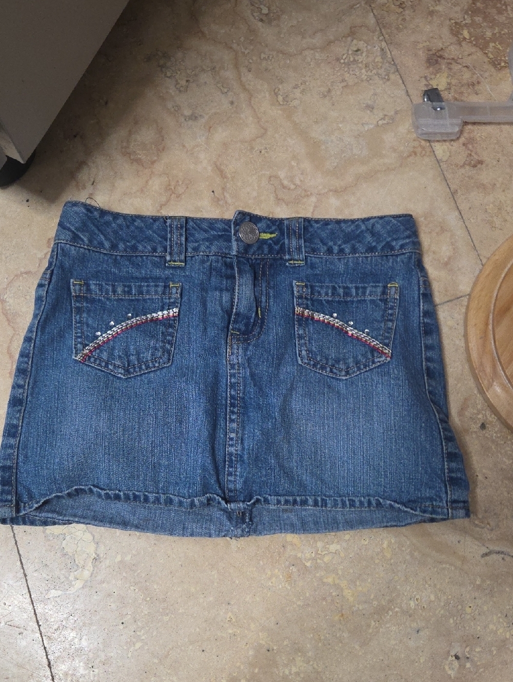 Denim Mini Skirt with Embellished Back Pockets - Blue Sz Medium Girls.